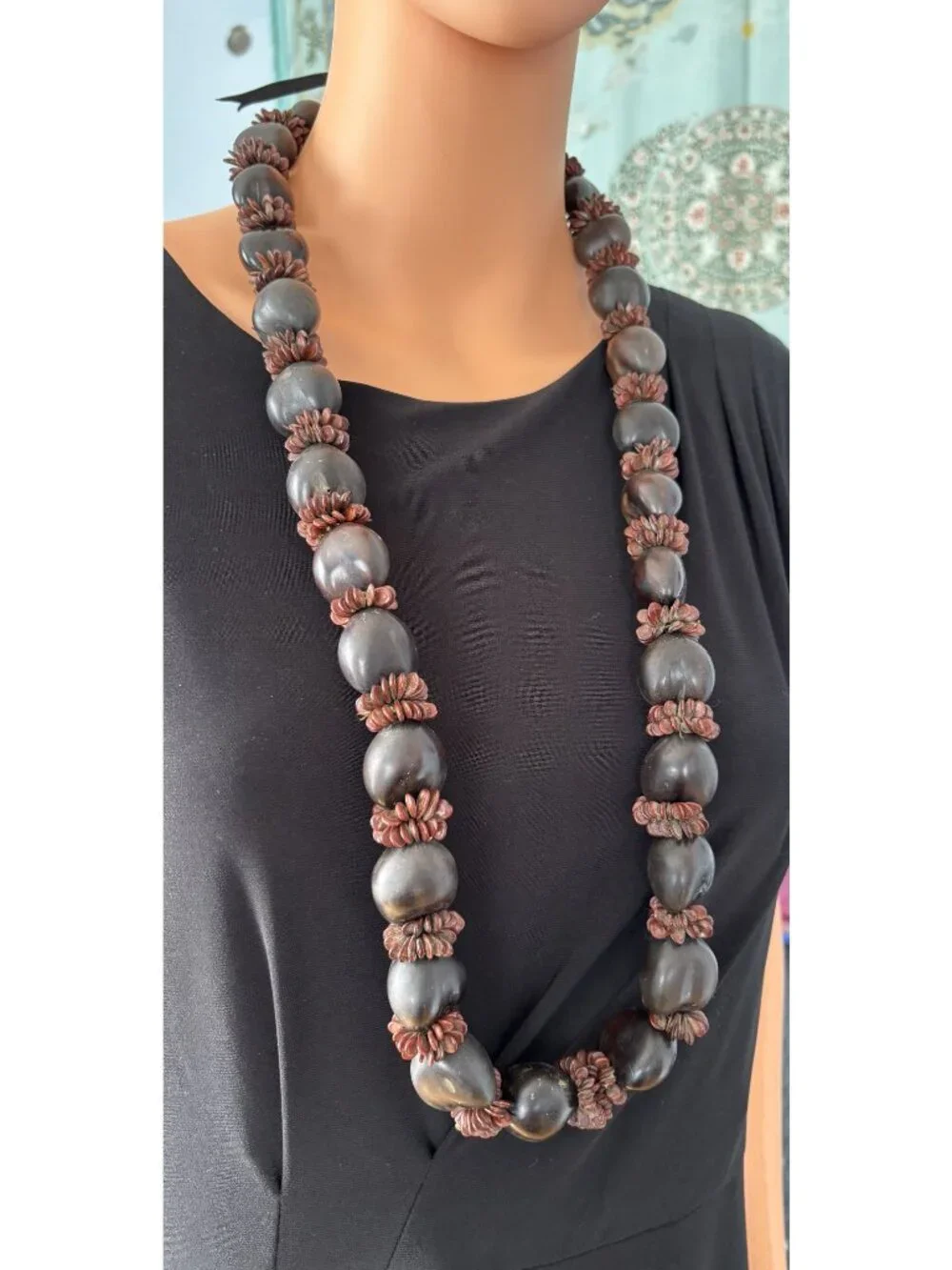 Vintage Hawaiian Lei Kukui Nut And Seeds Necklace With Ribbon Closure, Hand-Made - Picture 7 of 16